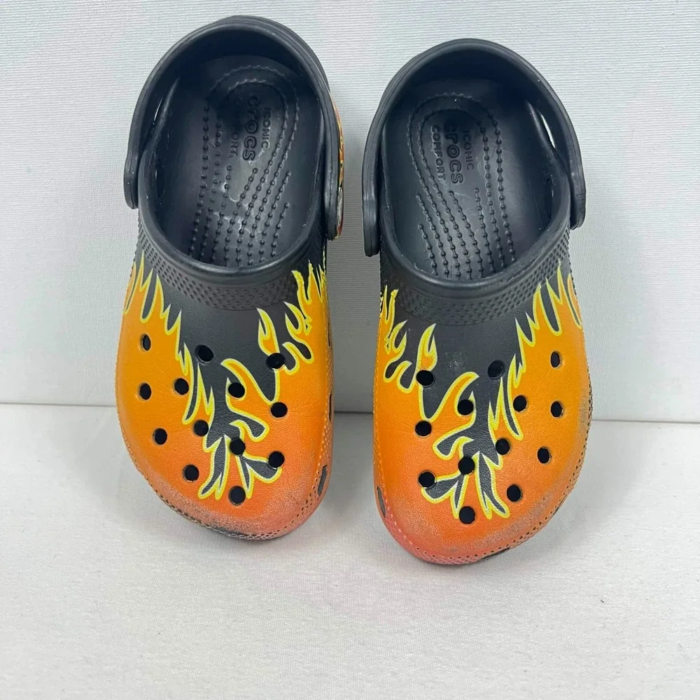 GUC Crocs Classic Flame Clogs Black Orange Fire Print Shoes Toddler Size 12